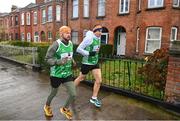 5 December 2023; Kevin Sinfield, right, with Chris Stephenson running his fifth ultra marathon on Clonliffe Road, Dublin today, as part of his epic 7 in 7 in 7 challenge to raise awareness and funds to support those impacted by motor neurone disease (MND). Sinfield arrived in Dublin late on Monday having already completed marathons in Leeds, Cardiff, Birmingham and Edinburgh since Friday. He will continue on to Brighton tomorrow and finally complete his last ultramarathon in London on Thursday 7th December. Charlie Bird joined England Rugby League legend Sinfield OBE at a stage called the Extra Mile at UCD and onwards to the finish at the Aviva, where he was supported by several Irish rugby stars including Gordon Darcy, Keith Earls and Ian Madigan. Covering a distance of almost 44KM, Sinfield set off from Croke Park at 12 noon with his route taking him through parts of Phibsborough, Ashtown, the Phoenix Park, Inchicore, Crumin, Rathgar, UCD and he finished along with Charlie at the Aviva Stadium just before 4pm. A year ago, Sinfield and his team completed his third challenge when they ran from Edinburgh to Manchester, covering over 40 miles a day for seven days. This is the first time the England Rugby Union defensive coach has travelled to Ireland for one of his ultra marathons. Since 2020, Sinfield and his team have raised over £8 million (almost €9.2M) with three endurance events that have captured the public’s imagination having been inspired by Sinfield’s former Leeds Rhinos team mate Rob Burrow MBE. So far, this year’s 7 in 7 in 7 has raised over £414,806 (€485,000). You can donate at https://donate.giveasyoulive.com/fundraising/kevin-sinfield. Photo by David Fitzgerald/Sportsfile