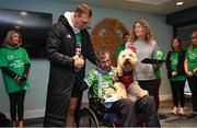 5 December 2023; Kevin Sinfield, left, with Charlie Bird, Charlie's wife Claire and dog Tiger in Croke Park before starting his fifth ultra marathon in Dublin today, as part of his epic 7 in 7 in 7 challenge to raise awareness and funds to support those impacted by motor neurone disease (MND). Sinfield arrived in Dublin late on Monday having already completed marathons in Leeds, Cardiff, Birmingham and Edinburgh since Friday. He will continue on to Brighton tomorrow and finally complete his last ultramarathon in London on Thursday 7th December. Charlie Bird joined England Rugby League legend Sinfield OBE at a stage called the Extra Mile at UCD and onwards to the finish at the Aviva, where he was supported by several Irish rugby stars including Gordon Darcy, Keith Earls and Ian Madigan. Covering a distance of almost 44KM, Sinfield set off from Croke Park at 12 noon with his route taking him through parts of Phibsborough, Ashtown, the Phoenix Park, Inchicore, Crumin, Rathgar, UCD and he finished along with Charlie at the Aviva Stadium just before 4pm. A year ago, Sinfield and his team completed his third challenge when they ran from Edinburgh to Manchester, covering over 40 miles a day for seven days. This is the first time the England Rugby Union defensive coach has travelled to Ireland for one of his ultra marathons. Since 2020, Sinfield and his team have raised over £8 million (almost €9.2M) with three endurance events that have captured the public’s imagination having been inspired by Sinfield’s former Leeds Rhinos team mate Rob Burrow MBE. So far, this year’s 7 in 7 in 7 has raised over £414,806 (€485,000). You can donate at https://donate.giveasyoulive.com/fundraising/kevin-sinfield. Photo by David Fitzgerald/Sportsfile