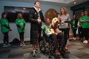 5 December 2023; Kevin Sinfield, left, with Charlie Bird, Charlie's wife Claire and dog Tiger in Croke Park before starting his fifth ultra marathon in Dublin today, as part of his epic 7 in 7 in 7 challenge to raise awareness and funds to support those impacted by motor neurone disease (MND). Sinfield arrived in Dublin late on Monday having already completed marathons in Leeds, Cardiff, Birmingham and Edinburgh since Friday. He will continue on to Brighton tomorrow and finally complete his last ultramarathon in London on Thursday 7th December. Charlie Bird joined England Rugby League legend Sinfield OBE at a stage called the Extra Mile at UCD and onwards to the finish at the Aviva, where he was supported by several Irish rugby stars including Gordon Darcy, Keith Earls and Ian Madigan. Covering a distance of almost 44KM, Sinfield set off from Croke Park at 12 noon with his route taking him through parts of Phibsborough, Ashtown, the Phoenix Park, Inchicore, Crumin, Rathgar, UCD and he finished along with Charlie at the Aviva Stadium just before 4pm. A year ago, Sinfield and his team completed his third challenge when they ran from Edinburgh to Manchester, covering over 40 miles a day for seven days. This is the first time the England Rugby Union defensive coach has travelled to Ireland for one of his ultra marathons. Since 2020, Sinfield and his team have raised over £8 million (almost €9.2M) with three endurance events that have captured the public’s imagination having been inspired by Sinfield’s former Leeds Rhinos team mate Rob Burrow MBE. So far, this year’s 7 in 7 in 7 has raised over £414,806 (€485,000). You can donate at https://donate.giveasyoulive.com/fundraising/kevin-sinfield. Photo by David Fitzgerald/Sportsfile