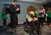 5 December 2023; Kevin Sinfield, left, with Charlie Bird, Charlie's wife Claire and dog Tiger in Croke Park before starting his fifth ultra marathon in Dublin today, as part of his epic 7 in 7 in 7 challenge to raise awareness and funds to support those impacted by motor neurone disease (MND). Sinfield arrived in Dublin late on Monday having already completed marathons in Leeds, Cardiff, Birmingham and Edinburgh since Friday. He will continue on to Brighton tomorrow and finally complete his last ultramarathon in London on Thursday 7th December. Charlie Bird joined England Rugby League legend Sinfield OBE at a stage called the Extra Mile at UCD and onwards to the finish at the Aviva, where he was supported by several Irish rugby stars including Gordon Darcy, Keith Earls and Ian Madigan. Covering a distance of almost 44KM, Sinfield set off from Croke Park at 12 noon with his route taking him through parts of Phibsborough, Ashtown, the Phoenix Park, Inchicore, Crumin, Rathgar, UCD and he finished along with Charlie at the Aviva Stadium just before 4pm. A year ago, Sinfield and his team completed his third challenge when they ran from Edinburgh to Manchester, covering over 40 miles a day for seven days. This is the first time the England Rugby Union defensive coach has travelled to Ireland for one of his ultra marathons. Since 2020, Sinfield and his team have raised over £8 million (almost €9.2M) with three endurance events that have captured the public’s imagination having been inspired by Sinfield’s former Leeds Rhinos team mate Rob Burrow MBE. So far, this year’s 7 in 7 in 7 has raised over £414,806 (€485,000). You can donate at https://donate.giveasyoulive.com/fundraising/kevin-sinfield. Photo by David Fitzgerald/Sportsfile