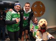 5 December 2023; Kevin Sinfield, centre, with Martin Wolstencroft, left, Charlie Bird and dog Tiger in Croke Park before starting his fifth ultra marathon in Dublin today, as part of his epic 7 in 7 in 7 challenge to raise awareness and funds to support those impacted by motor neurone disease (MND). Sinfield arrived in Dublin late on Monday having already completed marathons in Leeds, Cardiff, Birmingham and Edinburgh since Friday. He will continue on to Brighton tomorrow and finally complete his last ultramarathon in London on Thursday 7th December. Charlie Bird joined England Rugby League legend Sinfield OBE at a stage called the Extra Mile at UCD and onwards to the finish at the Aviva, where he was supported by several Irish rugby stars including Gordon Darcy, Keith Earls and Ian Madigan. Covering a distance of almost 44KM, Sinfield set off from Croke Park at 12 noon with his route taking him through parts of Phibsborough, Ashtown, the Phoenix Park, Inchicore, Crumin, Rathgar, UCD and he finished along with Charlie at the Aviva Stadium just before 4pm. A year ago, Sinfield and his team completed his third challenge when they ran from Edinburgh to Manchester, covering over 40 miles a day for seven days. This is the first time the England Rugby Union defensive coach has travelled to Ireland for one of his ultra marathons. Since 2020, Sinfield and his team have raised over £8 million (almost €9.2M) with three endurance events that have captured the public’s imagination having been inspired by Sinfield’s former Leeds Rhinos team mate Rob Burrow MBE. So far, this year’s 7 in 7 in 7 has raised over £414,806 (€485,000). You can donate at https://donate.giveasyoulive.com/fundraising/kevin-sinfield. Photo by David Fitzgerald/Sportsfile