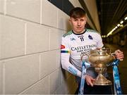 5 December 2023; University of Limerick hurler Gearóid O'Connor poses for a portrait with the Fitzgibbon Cup before the draw for the Electric Ireland GAA Higher Education Championships at Croke Park in Dublin. Photo by Piaras Ó Mídheach/Sportsfile