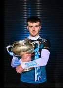 5 December 2023; Maynooth University hurler Billy Drennan poses for a portrait with the Fitzgibbon Cup before the draw for the Electric Ireland GAA Higher Education Championships at Croke Park in Dublin. Photo by Piaras Ó Mídheach/Sportsfile