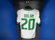 5 December 2023; The jersey of Ellen Dolan hangs in the Republic of Ireland dressing room before the UEFA Women's Nations League B match between Northern Ireland and Republic of Ireland at the National Football Stadium at Windsor Park in Belfast. Photo by Stephen McCarthy/Sportsfile