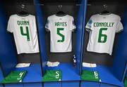 5 December 2023; The jersey's of Louise Quinn, Caitlin Hayes and Megan Connolly hang in the Republic of Ireland dressing room before the UEFA Women's Nations League B match between Northern Ireland and Republic of Ireland at the National Football Stadium at Windsor Park in Belfast. Photo by Stephen McCarthy/Sportsfile
