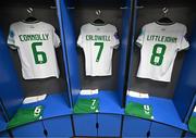5 December 2023; The jersey's of Megan Connolly, Diane Caldwell and Ruesha Littlejohn hang in the Republic of Ireland dressing room before the UEFA Women's Nations League B match between Northern Ireland and Republic of Ireland at the National Football Stadium at Windsor Park in Belfast. Photo by Stephen McCarthy/Sportsfile
