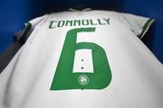 5 December 2023; The jersey of Megan Connolly hangs in the Republic of Ireland dressing room before the UEFA Women's Nations League B match between Northern Ireland and Republic of Ireland at the National Football Stadium at Windsor Park in Belfast. Photo by Stephen McCarthy/Sportsfile