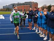 5 December 2023; Kevin Sinfield runs past Leinster players, from left, James Lowe, Ross Byrne, Tommy O'Brien, Luke McGrath and John McKee during his fifth ultra marathon in Dublin today, as part of his epic 7 in 7 in 7 challenge to raise awareness and funds to support those impacted by motor neurone disease (MND). Sinfield arrived in Dublin late on Monday having already completed marathons in Leeds, Cardiff, Birmingham and Edinburgh since Friday. He will continue on to Brighton tomorrow and finally complete his last ultramarathon in London on Thursday 7th December. Charlie Bird joined England Rugby League legend Sinfield OBE at a stage called the Extra Mile at UCD and onwards to the finish at the Aviva, where he was supported by several Irish rugby stars including Gordon Darcy, Keith Earls and Ian Madigan. Covering a distance of almost 44KM, Sinfield set off from Croke Park at 12 noon with his route taking him through parts of Phibsborough, Ashtown, the Phoenix Park, Inchicore, Crumin, Rathgar, UCD and he finished along with Charlie at the Aviva Stadium just before 4pm. A year ago, Sinfield and his team completed his third challenge when they ran from Edinburgh to Manchester, covering over 40 miles a day for seven days. This is the first time the England Rugby Union defensive coach has travelled to Ireland for one of his ultra marathons. Since 2020, Sinfield and his team have raised over £8 million (almost €9.2M) with three endurance events that have captured the public’s imagination having been inspired by Sinfield’s former Leeds Rhinos team mate Rob Burrow MBE. So far, this year’s 7 in 7 in 7 has raised over £340,000 (€400,000). You can donate at https://donate.giveasyoulive.com/fundraising/kevin-sinfield. Photo by David Fitzgerald/Sportsfile