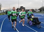 5 December 2023; Gordan D'Arcy, right,  centre, with Charlie Bird, Ian Madigan, centre, and Keith Earls during the 'Extra Mile' of Kevin Sinfield's fifth ultra marathon in Dublin today, as part of his epic 7 in 7 in 7 challenge to raise awareness and funds to support those impacted by motor neurone disease (MND). Sinfield arrived in Dublin late on Monday having already completed marathons in Leeds, Cardiff, Birmingham and Edinburgh since Friday. He will continue on to Brighton tomorrow and finally complete his last ultramarathon in London on Thursday 7th December. Charlie Bird joined England Rugby League legend Sinfield OBE at a stage called the Extra Mile at UCD and onwards to the finish at the Aviva, where he was supported by several Irish rugby stars including Gordon Darcy, Keith Earls and Ian Madigan. Covering a distance of almost 44KM, Sinfield set off from Croke Park at 12 noon with his route taking him through parts of Phibsborough, Ashtown, the Phoenix Park, Inchicore, Crumlin, Rathgar, UCD and he finished along with Charlie at the Aviva Stadium just before 4pm. A year ago, Sinfield and his team completed his third challenge when they ran from Edinburgh to Manchester, covering over 40 miles a day for seven days. This is the first time the England Rugby Union defensive coach has travelled to Ireland for one of his ultra marathons. Since 2020, Sinfield and his team have raised over £8 million (almost €9.2M) with three endurance events that have captured the public’s imagination having been inspired by Sinfield’s former Leeds Rhinos team mate Rob Burrow MBE. So far, this year’s 7 in 7 in 7 has raised over £340,000 (€400,000). You can donate at https://donate.giveasyoulive.com/fundraising/kevin-sinfield. Photo by David Fitzgerald/Sportsfile