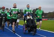 5 December 2023; Gordan D'Arcy, centre, with Charlie Bird and Keith Earls during the 'Extra Mile' of Kevin Sinfield's fifth ultra marathon in Dublin today, as part of his epic 7 in 7 in 7 challenge to raise awareness and funds to support those impacted by motor neurone disease (MND). Sinfield arrived in Dublin late on Monday having already completed marathons in Leeds, Cardiff, Birmingham and Edinburgh since Friday. He will continue on to Brighton tomorrow and finally complete his last ultramarathon in London on Thursday 7th December. Charlie Bird joined England Rugby League legend Sinfield OBE at a stage called the Extra Mile at UCD and onwards to the finish at the Aviva, where he was supported by several Irish rugby stars including Gordon Darcy, Keith Earls and Ian Madigan. Covering a distance of almost 44KM, Sinfield set off from Croke Park at 12 noon with his route taking him through parts of Phibsborough, Ashtown, the Phoenix Park, Inchicore, Crumlin, Rathgar, UCD and he finished along with Charlie at the Aviva Stadium just before 4pm. A year ago, Sinfield and his team completed his third challenge when they ran from Edinburgh to Manchester, covering over 40 miles a day for seven days. This is the first time the England Rugby Union defensive coach has travelled to Ireland for one of his ultra marathons. Since 2020, Sinfield and his team have raised over £8 million (almost €9.2M) with three endurance events that have captured the public’s imagination having been inspired by Sinfield’s former Leeds Rhinos team mate Rob Burrow MBE. So far, this year’s 7 in 7 in 7 has raised over £340,000 (€400,000). You can donate at https://donate.giveasyoulive.com/fundraising/kevin-sinfield. Photo by David Fitzgerald/Sportsfile