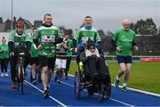 5 December 2023; Gordan D'Arcy, centre, with Charlie Bird and Keith Earls during the 'Extra Mile' of Kevin Sinfield's fifth ultra marathon in Dublin today, as part of his epic 7 in 7 in 7 challenge to raise awareness and funds to support those impacted by motor neurone disease (MND). Sinfield arrived in Dublin late on Monday having already completed marathons in Leeds, Cardiff, Birmingham and Edinburgh since Friday. He will continue on to Brighton tomorrow and finally complete his last ultramarathon in London on Thursday 7th December. Charlie Bird joined England Rugby League legend Sinfield OBE at a stage called the Extra Mile at UCD and onwards to the finish at the Aviva, where he was supported by several Irish rugby stars including Gordon Darcy, Keith Earls and Ian Madigan. Covering a distance of almost 44KM, Sinfield set off from Croke Park at 12 noon with his route taking him through parts of Phibsborough, Ashtown, the Phoenix Park, Inchicore, Crumlin, Rathgar, UCD and he finished along with Charlie at the Aviva Stadium just before 4pm. A year ago, Sinfield and his team completed his third challenge when they ran from Edinburgh to Manchester, covering over 40 miles a day for seven days. This is the first time the England Rugby Union defensive coach has travelled to Ireland for one of his ultra marathons. Since 2020, Sinfield and his team have raised over £8 million (almost €9.2M) with three endurance events that have captured the public’s imagination having been inspired by Sinfield’s former Leeds Rhinos team mate Rob Burrow MBE. So far, this year’s 7 in 7 in 7 has raised over £340,000 (€400,000). You can donate at https://donate.giveasyoulive.com/fundraising/kevin-sinfield. Photo by David Fitzgerald/Sportsfile