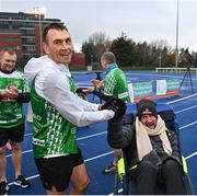5 December 2023; Kevin Sinfield with Charlie Bird before the 'Extra Mile' of Kevin's fifth ultra marathon in Dublin today, as part of his epic 7 in 7 in 7 challenge to raise awareness and funds to support those impacted by motor neurone disease (MND). Sinfield arrived in Dublin late on Monday having already completed marathons in Leeds, Cardiff, Birmingham and Edinburgh since Friday. He will continue on to Brighton tomorrow and finally complete his last ultramarathon in London on Thursday 7th December. Charlie Bird joined England Rugby League legend Sinfield OBE at a stage called the Extra Mile at UCD and onwards to the finish at the Aviva, where he was supported by several Irish rugby stars including Gordon Darcy, Keith Earls and Ian Madigan. Covering a distance of almost 44KM, Sinfield set off from Croke Park at 12 noon with his route taking him through parts of Phibsborough, Ashtown, the Phoenix Park, Inchicore, Crumlin, Rathgar, UCD and he finished along with Charlie at the Aviva Stadium just before 4pm. A year ago, Sinfield and his team completed his third challenge when they ran from Edinburgh to Manchester, covering over 40 miles a day for seven days. This is the first time the England Rugby Union defensive coach has travelled to Ireland for one of his ultra marathons. Since 2020, Sinfield and his team have raised over £8 million (almost €9.2M) with three endurance events that have captured the public’s imagination having been inspired by Sinfield’s former Leeds Rhinos team mate Rob Burrow MBE. So far, this year’s 7 in 7 in 7 has raised over £340,000 (€400,000). You can donate at https://donate.giveasyoulive.com/fundraising/kevin-sinfield. Photo by David Fitzgerald/Sportsfile