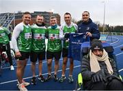 5 December 2023; James Lowe presents a Leinster jersey to Kevin Sinfield alongside, from left, Ian Madigan, Keith Earls, Gordan D'Arcy and Charlie Bird before the 'Extra Mile' of Kevin's fifth ultra marathon in Dublin today, as part of his epic 7 in 7 in 7 challenge to raise awareness and funds to support those impacted by motor neurone disease (MND). Sinfield arrived in Dublin late on Monday having already completed marathons in Leeds, Cardiff, Birmingham and Edinburgh since Friday. He will continue on to Brighton tomorrow and finally complete his last ultramarathon in London on Thursday 7th December. Charlie Bird joined England Rugby League legend Sinfield OBE at a stage called the Extra Mile at UCD and onwards to the finish at the Aviva, where he was supported by several Irish rugby stars including Gordon Darcy, Keith Earls and Ian Madigan. Covering a distance of almost 44KM, Sinfield set off from Croke Park at 12 noon with his route taking him through parts of Phibsborough, Ashtown, the Phoenix Park, Inchicore, Crumlin, Rathgar, UCD and he finished along with Charlie at the Aviva Stadium just before 4pm. A year ago, Sinfield and his team completed his third challenge when they ran from Edinburgh to Manchester, covering over 40 miles a day for seven days. This is the first time the England Rugby Union defensive coach has travelled to Ireland for one of his ultra marathons. Since 2020, Sinfield and his team have raised over £8 million (almost €9.2M) with three endurance events that have captured the public’s imagination having been inspired by Sinfield’s former Leeds Rhinos team mate Rob Burrow MBE. So far, this year’s 7 in 7 in 7 has raised over £340,000 (€400,000). You can donate at https://donate.giveasyoulive.com/fundraising/kevin-sinfield. Photo by David Fitzgerald/Sportsfile
