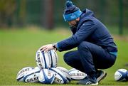 5 December 2023; Kitman Jim Bastick sets up rugby balls during a Leinster Rugby squad training session at UCD in Dublin. Photo by Brendan Moran/Sportsfile