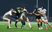2 December 2023; Paul Boyle of Connacht in action against Jamie Osborne, left, and Harry Byrne of Leinster during the United Rugby Championship match between Connacht and Leinster at The Sportsground in Galway. Photo by Sam Barnes/Sportsfile