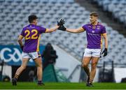 2 December 2023; Luke Ward, left, and Callum Pearson of Kilmacud Crokes celebrate after the AIB Leinster GAA Football Senior Club Championship final match between Kilmacud Crokes, Dublin, and Naas, Kildare, at Croke Park in Dublin. Photo by Daire Brennan/Sportsfile