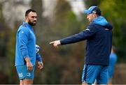 5 December 2023; Charlie Ngatai, left, with backs coach Andrew Goodman during a Leinster Rugby squad training session at UCD in Dublin. Photo by Brendan Moran/Sportsfile