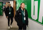 5 December 2023; Kyra Carusa, right, and Erin McLaughlin of Republic of Ireland arrives before the UEFA Women's Nations League B match between Northern Ireland and Republic of Ireland at the National Football Stadium at Windsor Park in Belfast. Photo by Stephen McCarthy/Sportsfile