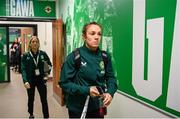 5 December 2023; Republic of Ireland goalkeeper Grace Moloney, right, and Denise O'Sullivan of Republic of Ireland arrive before the UEFA Women's Nations League B match between Northern Ireland and Republic of Ireland at the National Football Stadium at Windsor Park in Belfast. Photo by Stephen McCarthy/Sportsfile
