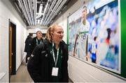 5 December 2023; Republic of Ireland goalkeeper Courtney Brosnan arrives before the UEFA Women's Nations League B match between Northern Ireland and Republic of Ireland at the National Football Stadium at Windsor Park in Belfast. Photo by Stephen McCarthy/Sportsfile