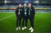 5 December 2023; Republic of Ireland players, from left, Abbie Larkin, Kyra Carusa and Erin McLaughlin before the UEFA Women's Nations League B match between Northern Ireland and Republic of Ireland at the National Football Stadium at Windsor Park in Belfast. Photo by Stephen McCarthy/Sportsfile