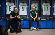 5 December 2023; Ruesha Littlejohn, left, and Denise O'Sullivan of Republic of Ireland in the dressing room before the UEFA Women's Nations League B match between Northern Ireland and Republic of Ireland at the National Football Stadium at Windsor Park in Belfast. Photo by Stephen McCarthy/Sportsfile