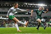 5 December 2023; Heather Payne of Republic of Ireland in action against Rebecca Holloway of Northern Ireland during the UEFA Women's Nations League B match between Northern Ireland and Republic of Ireland at the National Football Stadium at Windsor Park in Belfast. Photo by Ramsey Cardy/Sportsfile