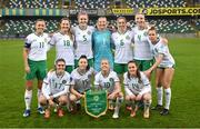5 December 2023; The Republic of Ireland team, top row from left, captain Katie McCabe, Kyra Carusa, Caitlin Hayes, goalkeeper Courtney Brosnan, Megan Connolly, Louise Quinn and Ruesha Littlejohn, with front row, from left, Jamie Finn, Lucy Quinn, Denise O'Sullivan and Heather Payne before the UEFA Women's Nations League B match between Northern Ireland and Republic of Ireland at the National Football Stadium at Windsor Park in Belfast. Photo by Stephen McCarthy/Sportsfile