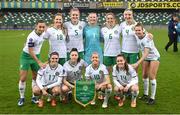 5 December 2023; The Republic of Ireland team, top row from left, captain Katie McCabe, Kyra Carusa, Caitlin Hayes, goalkeeper Courtney Brosnan, Megan Connolly, Louise Quinn and Ruesha Littlejohn, with front row, from left, Jamie Finn, Lucy Quinn, Denise O'Sullivan and Heather Payne before the UEFA Women's Nations League B match between Northern Ireland and Republic of Ireland at the National Football Stadium at Windsor Park in Belfast. Photo by Stephen McCarthy/Sportsfile