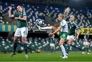 5 December 2023; Denise O'Sullivan of Republic of Ireland in action against Sarah McFadden, left, and Chloe McCarron of Northern Ireland during the UEFA Women's Nations League B match between Northern Ireland and Republic of Ireland at the National Football Stadium at Windsor Park in Belfast. Photo by Stephen McCarthy/Sportsfile