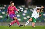 5 December 2023; Northern Ireland goalkeeper Maddison Harvey Clifford in action against Kyra Carusa of Republic of Ireland during the UEFA Women's Nations League B match between Northern Ireland and Republic of Ireland at the National Football Stadium at Windsor Park in Belfast. Photo by Stephen McCarthy/Sportsfile