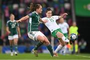 5 December 2023; Sarah McFadden of Northern Ireland in action against Lucy Quinn of Republic of Ireland during the UEFA Women's Nations League B match between Northern Ireland and Republic of Ireland at the National Football Stadium at Windsor Park in Belfast. Photo by Stephen McCarthy/Sportsfile