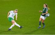 5 December 2023; Louise Quinn of Republic of Ireland and Simone Magill of Northern Ireland during the UEFA Women's Nations League B match between Northern Ireland and Republic of Ireland at the National Football Stadium at Windsor Park in Belfast. Photo by Ramsey Cardy/Sportsfile