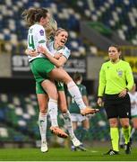 5 December 2023; Heather Payne of Republic of Ireland celebrates with teammate Denise O'Sullivan, right, after scoring their side's second goal during the UEFA Women's Nations League B match between Northern Ireland and Republic of Ireland at the National Football Stadium at Windsor Park in Belfast. Photo by Stephen McCarthy/Sportsfile