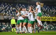 5 December 2023; Republic of Ireland players celebrate their second goal, scored by Heather Payne, hidden, during the UEFA Women's Nations League B match between Northern Ireland and Republic of Ireland at the National Football Stadium at Windsor Park in Belfast. Photo by Stephen McCarthy/Sportsfile