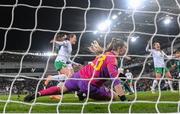 5 December 2023; Heather Payne of Republic of Ireland celebrates after scoring her side's second goal before the UEFA Women's Nations League B match between Northern Ireland and Republic of Ireland at the National Football Stadium at Windsor Park in Belfast. Photo by Stephen McCarthy/Sportsfile