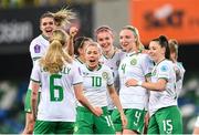 5 December 2023; Louise Quinn of Republic of Ireland, third from right, celebrates with teammates, from left, Megan Connolly, 6, Jamie Finn, Katie McCabe, Denise O'Sullivan, Caitlin Hayes and Lucy Quinn after scoring their side's fifth goal during the UEFA Women's Nations League B match between Northern Ireland and Republic of Ireland at the National Football Stadium at Windsor Park in Belfast. Photo by Stephen McCarthy/Sportsfile