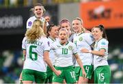 5 December 2023; Louise Quinn of Republic of Ireland, third from right, celebrates with teammates, from left, Megan Connolly, 6, Jamie Finn, Katie McCabe, Denise O'Sullivan, Caitlin Hayes and Lucy Quinn after scoring their side's fifth goal during the UEFA Women's Nations League B match between Northern Ireland and Republic of Ireland at the National Football Stadium at Windsor Park in Belfast. Photo by Stephen McCarthy/Sportsfile