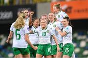 5 December 2023; Louise Quinn of Republic of Ireland, third from right, celebrates with teammates, from left, Megan Connolly, 6, Jamie Finn, Katie McCabe, Denise O'Sullivan, Caitlin Hayes, Ruesha Littlejohn and Lucy Quinn after scoring their side's fifth goal during the UEFA Women's Nations League B match between Northern Ireland and Republic of Ireland at the National Football Stadium at Windsor Park in Belfast. Photo by Stephen McCarthy/Sportsfile