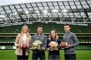 7 December 2023; The Aer Lingus College Football Classic team welcome Phoebe Schecter onboard as an official ambassador for the Aer Lingus College Football Classic ahead of the 2024 clash between Georgia Tech and Florida State in the Aviva Stadium on August 24th 2024. Pictured are, from left, Natalia Hyland, Brendan Meehan, Phoebe Schecter and Scott McCabe at the Aviva Stadium in Dublin. Photo by David Fitzgerald/Sportsfile