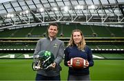 7 December 2023; Brendan Meehan, Aer Lingus College Football Classic, Commercial Director, welcomes Phoebe Schecter onboard as an official Ambassador for the Aer Lingus College Football Classic ahead of the 2024 clash between Georgia Tech and Florida State University in the Aviva Stadium on August 24th 202. Photo by David Fitzgerald/Sportsfile