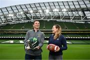 7 December 2023; Brendan Meehan, Aer Lingus College Football Classic, Commercial Director, welcomes Phoebe Schecter onboard as an official Ambassador for the Aer Lingus College Football Classic ahead of the 2024 clash between Georgia Tech and Florida State University in the Aviva Stadium on August 24th 202. Photo by David Fitzgerald/Sportsfile