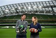 7 December 2023; Brendan Meehan, Aer Lingus College Football Classic, Commercial Director, welcomes Phoebe Schecter onboard as an official Ambassador for the Aer Lingus College Football Classic ahead of the 2024 clash between Georgia Tech and Florida State University in the Aviva Stadium on August 24th 202. Photo by David Fitzgerald/Sportsfile