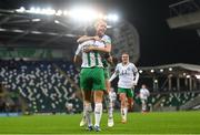 5 December 2023; Katie McCabe of Republic of Ireland celebrates with Denise O'Sullivan, right, after scoring their side's fourth goal during the UEFA Women's Nations League B match between Northern Ireland and Republic of Ireland at the National Football Stadium at Windsor Park in Belfast. Photo by Stephen McCarthy/Sportsfile