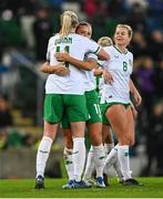 5 December 2023; Louise Quinn of Republic of Ireland celebrates with Katie McCabe, right, after scoring their side's fifth goal during the UEFA Women's Nations League B match between Northern Ireland and Republic of Ireland at the National Football Stadium at Windsor Park in Belfast. Photo by Ramsey Cardy/Sportsfile