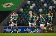 5 December 2023; Kerry Beattie of Northern Ireland, centre, celebrates with teammates after scoring their side's first goal during the UEFA Women's Nations League B match between Northern Ireland and Republic of Ireland at the National Football Stadium at Windsor Park in Belfast. Photo by Ramsey Cardy/Sportsfile
