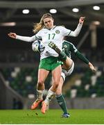 5 December 2023; Jamie Finn of Republic of Ireland in action against Lauren Wade of Northern Ireland during the UEFA Women's Nations League B match between Northern Ireland and Republic of Ireland at the National Football Stadium at Windsor Park in Belfast. Photo by Stephen McCarthy/Sportsfile