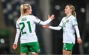 5 December 2023; Lily Agg, left, and Izzy Atkinson of Republic of Ireland after the UEFA Women's Nations League B match between Northern Ireland and Republic of Ireland at the National Football Stadium at Windsor Park in Belfast. Photo by Ramsey Cardy/Sportsfile