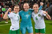 5 December 2023; Republic of Ireland players, from left, Chloe Mustaki, Courtney Brosnan and Megan Connolly after the UEFA Women's Nations League B match between Northern Ireland and Republic of Ireland at the National Football Stadium at Windsor Park in Belfast. Photo by Stephen McCarthy/Sportsfile