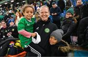 5 December 2023; Diane Caldwell of Republic of Ireland, with her nephew Hakeem Abdou Bacar, right, and niece Farrah Abdou Bacar, after the UEFA Women's Nations League B match between Northern Ireland and Republic of Ireland at the National Football Stadium at Windsor Park in Belfast. Photo by Stephen McCarthy/Sportsfile